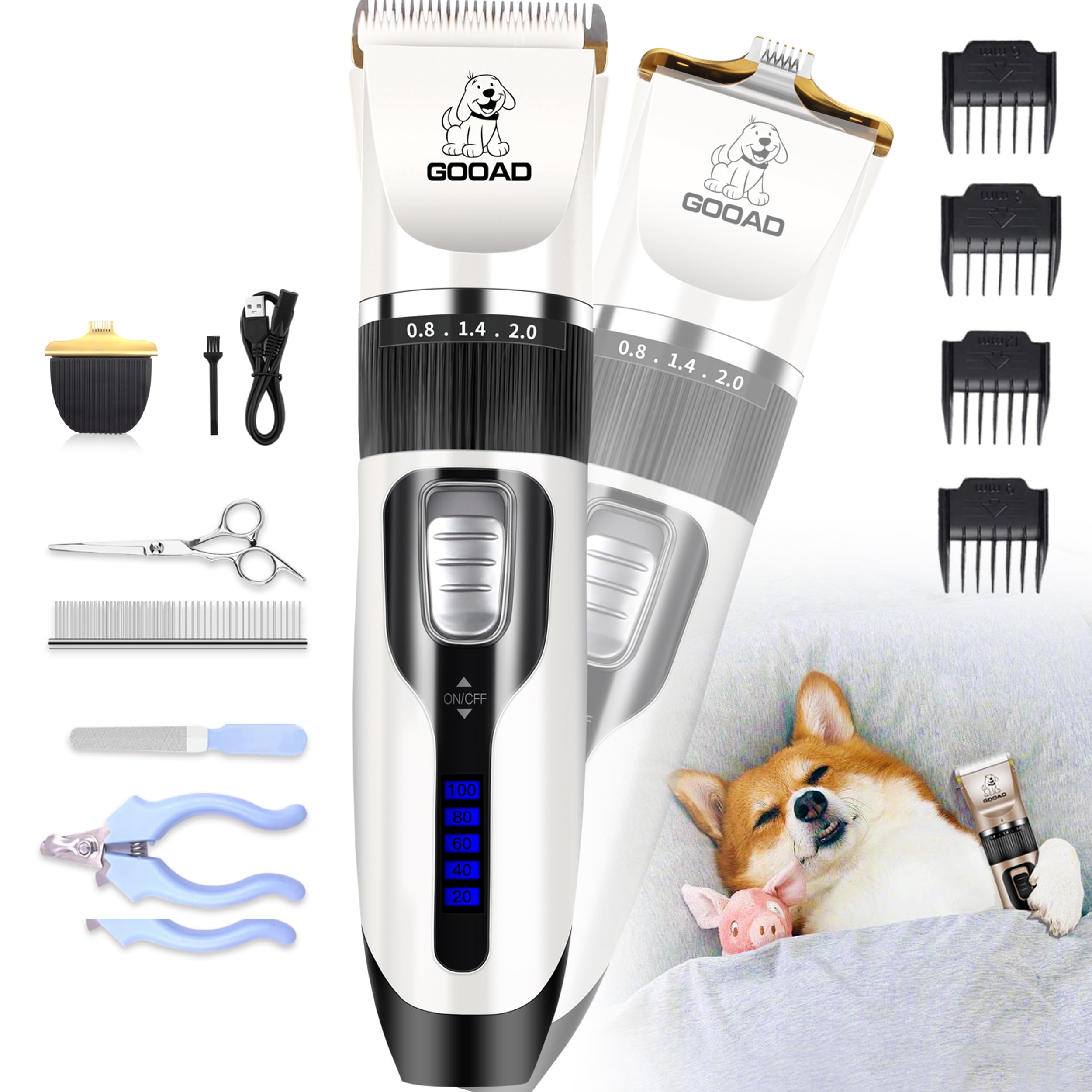 Gooad Dog Clippers Grooming Kit and Paw Trimmer,Cordless,Low Noise, Electric Quiet,Rechargeable, Dog Trimmer Grooming, Pet Hair Clippers for Thick Coats,Shaver for Small and Large Dogs Cats