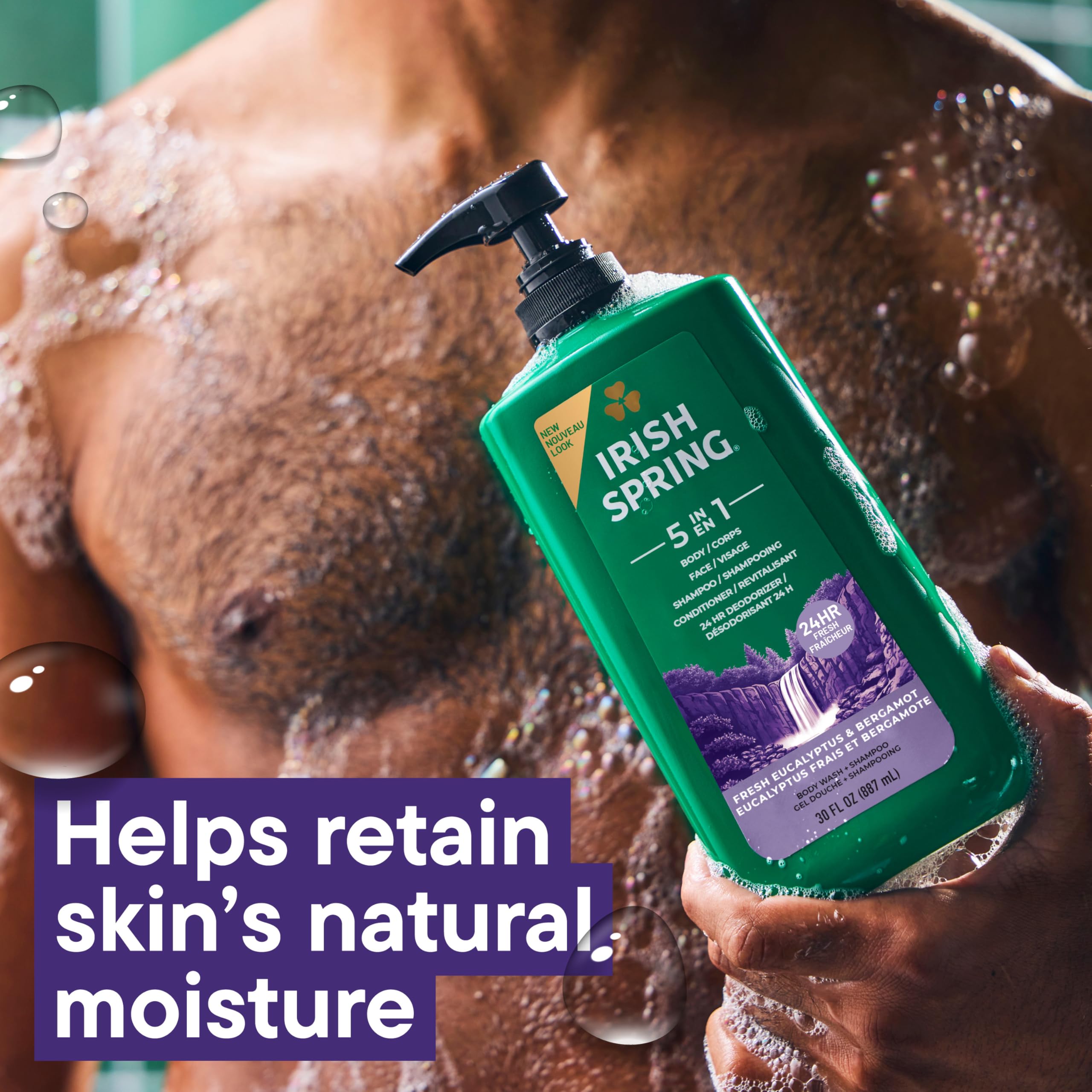 Irish Spring 5 in 1 Moisturizing Body Wash for Men, Shampoo, Conditioner, Body and Face Wash, and 24 Hour Deodorizer, Paraben-Free, Fresh Eucalyptus & Bergamot Scent, 30 fl oz - Packaging may vary