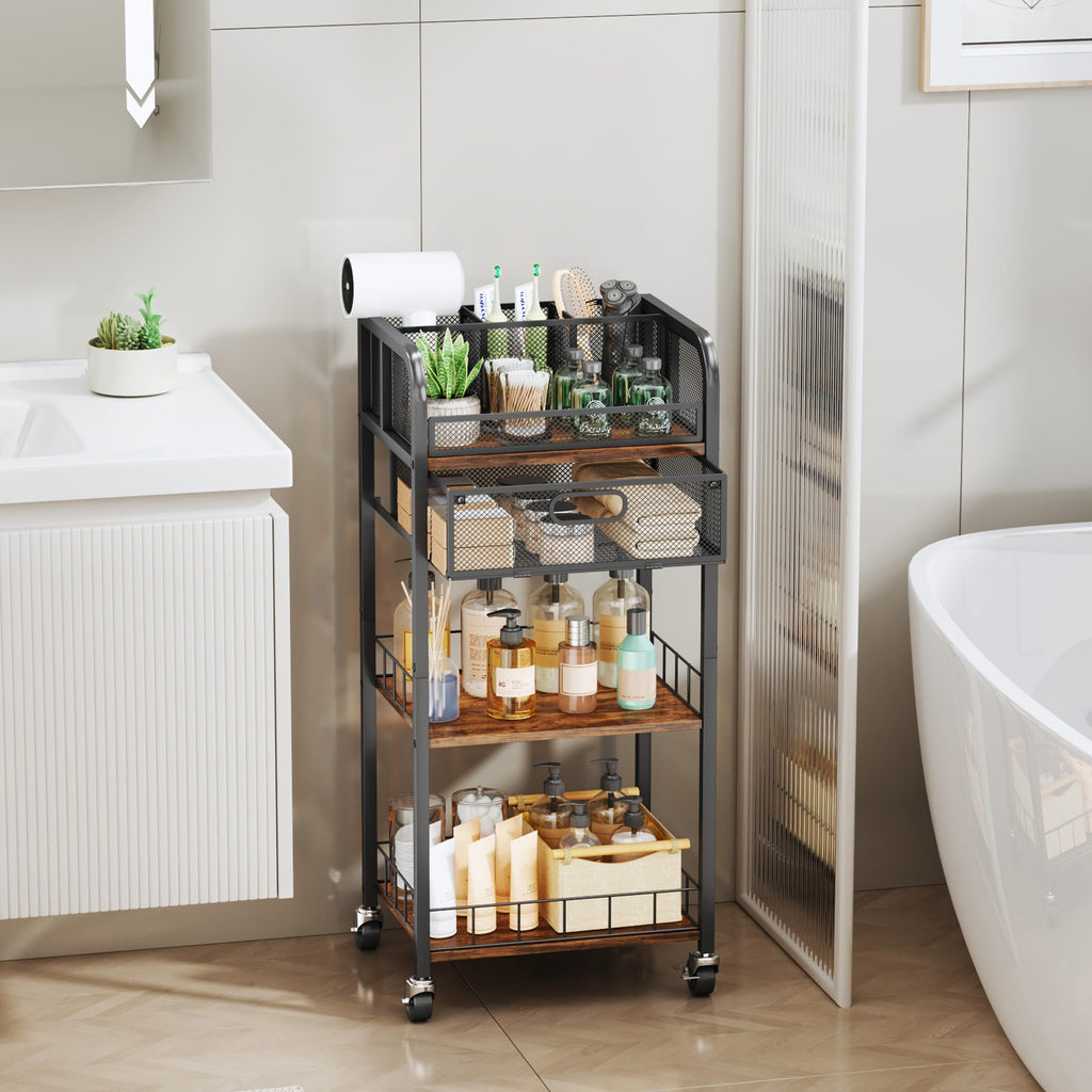 HapiRm Makeup Organizer Storage Cart - 4 Tier Skincare Make Up Storage with Drawer, Rolling Makeup Cart Vanity Organizer Cosmetics Display Cases Holder for Skin Care Perfume Nail Polish Brush