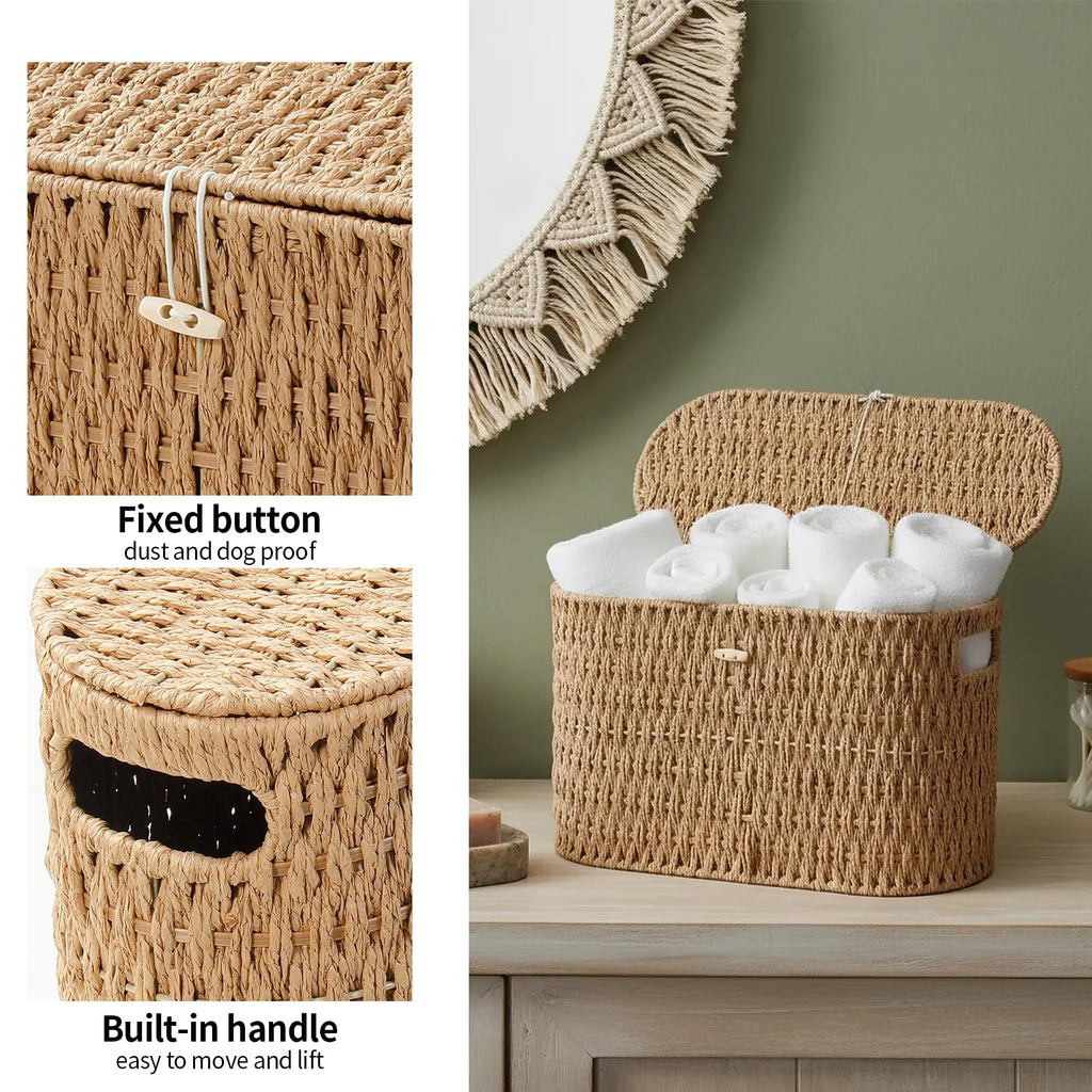 Coeusy Toilet Paper Storage Basket with Lid, Paper Rope Wicker Basket for Bathroom Organizers and Storage, Toilet Paper Holder for Up to 6 Mega Rolls, Boho Hand-Woven Decorative Decor, Natural