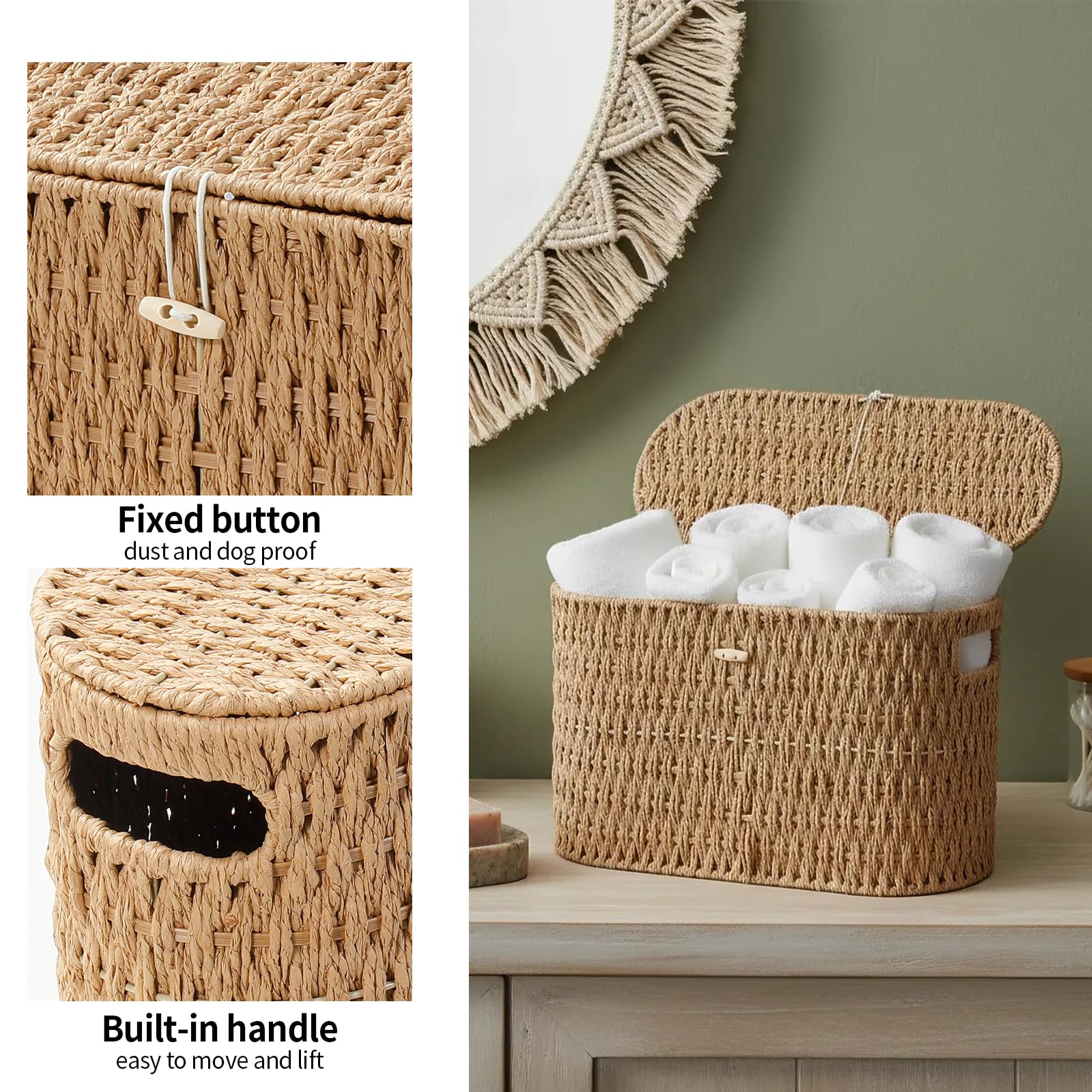 Coeusy Toilet Paper Storage Basket with Lid, Paper Rope Wicker Basket for Bathroom Organizers and Storage, Toilet Paper Holder for Up to 6 Mega Rolls, Boho Hand-Woven Decorative Decor, Natural
