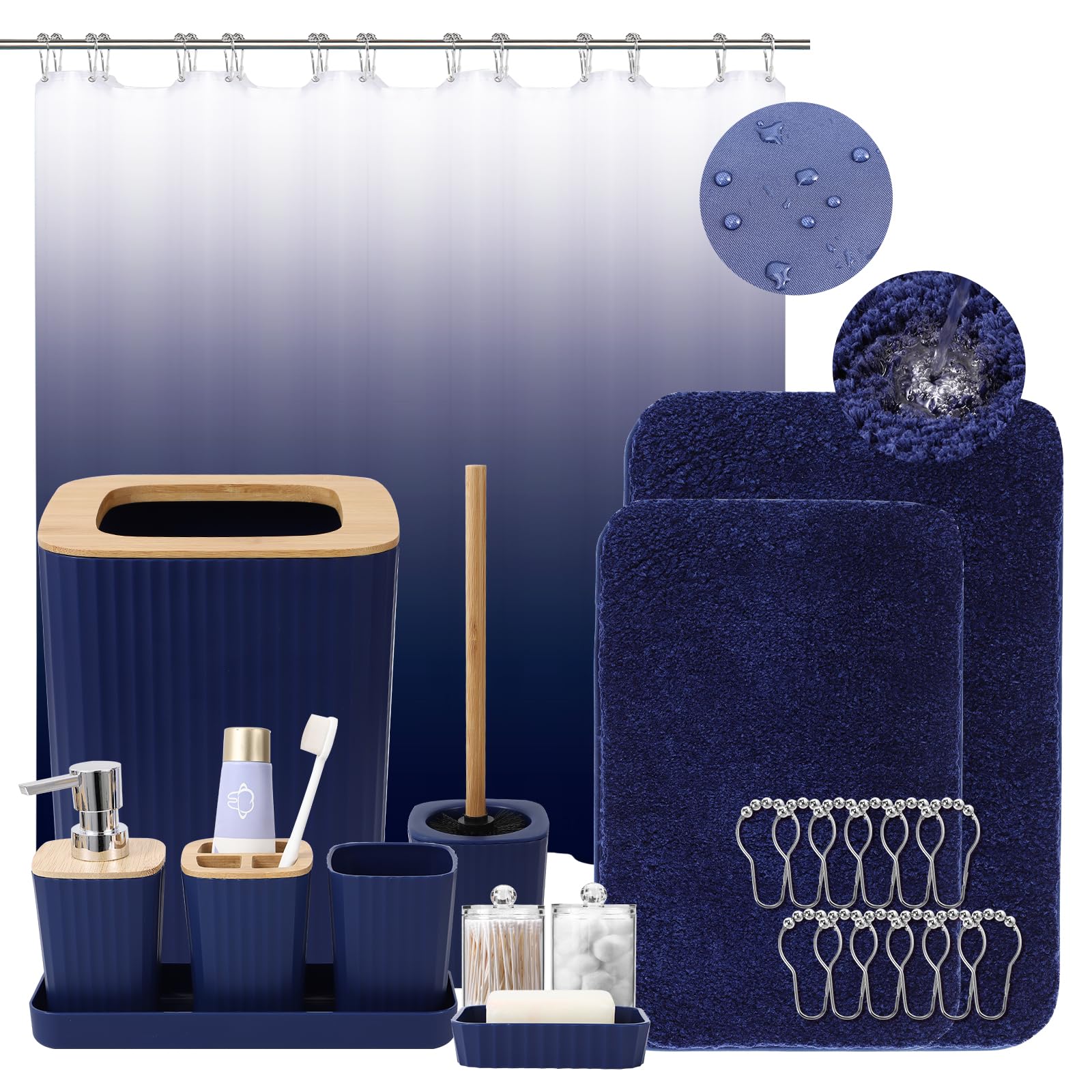 XLHOMO Bathroom Accessory Set–Bathroom Sets with Shower Curtain and Rugs, No Slip Bathroom Rugs Super Absorbent, Blue Ombre Water-Proof Shower Curtain with Hooks, Blue Bathroom Sets Complete for Home