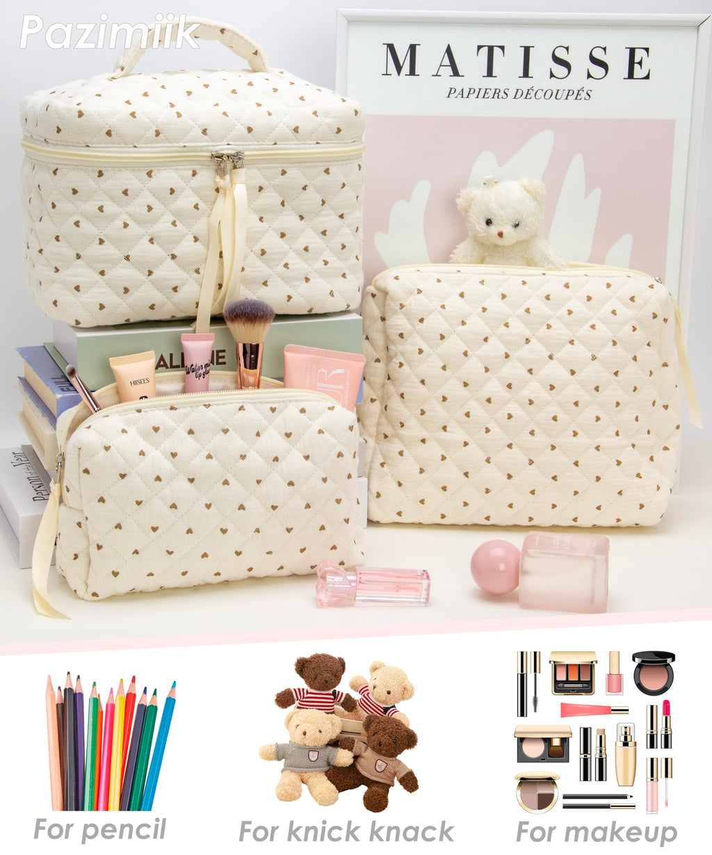 PAZIMIIK 3PCS Makeup Bag SET Large Travel Quilted Zipper Soft Cosmetic Case Pouch for Women Girls Make Up,Gauze Heart Coffee