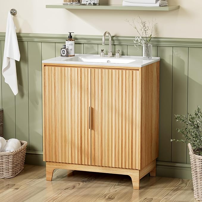 VINGLI 30 Inch Bathroom Vanity with Sink, Mid Century Modern Freestanding Cabinet with Ceramic Top, Fluted Soft-Close Doors & U-Shape Storage for Small Bathroom, Natural Oak
