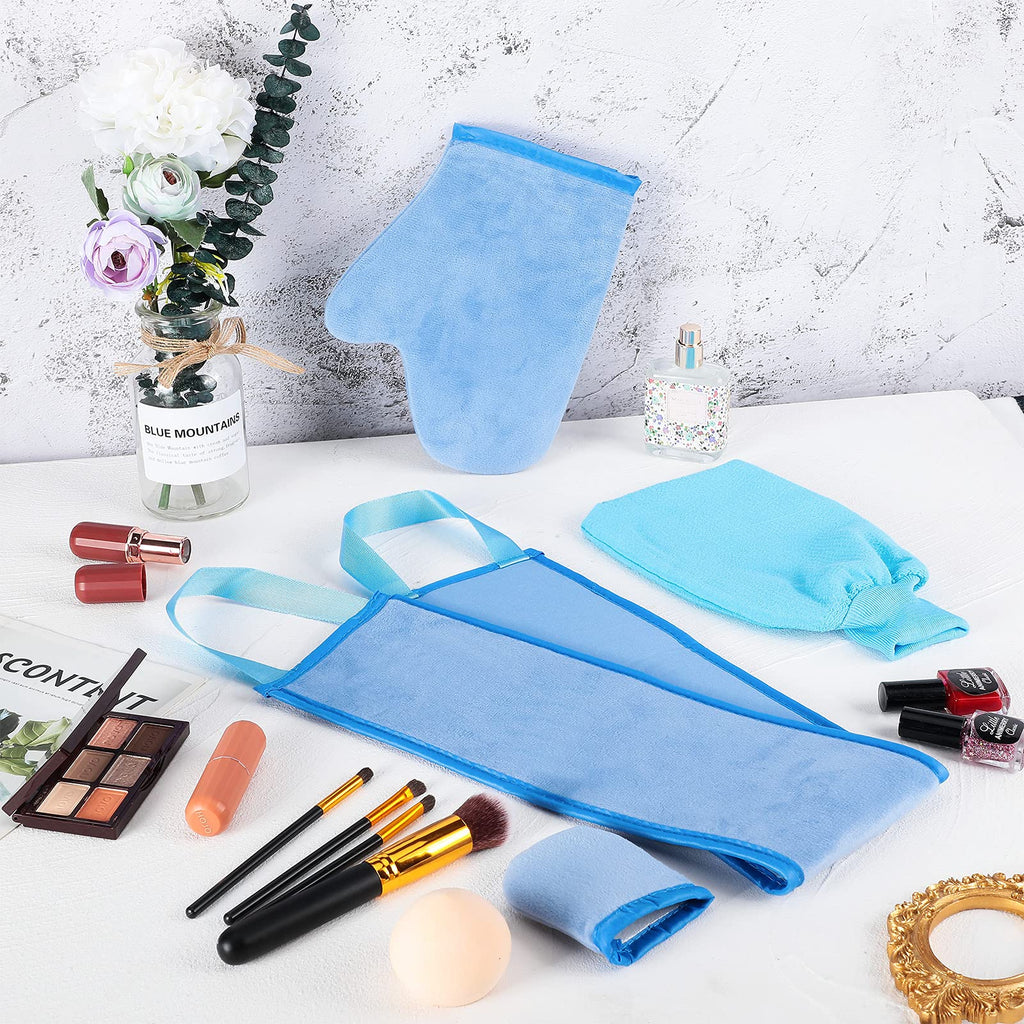 Boao 5 Pieces Self Tanning Mitt Applicator Kit, Includes Tanning Mitt, Exfoliating Glove, Mini Face Glove, Back Lotion Applicator, and Large Brush Makeup(Blue)