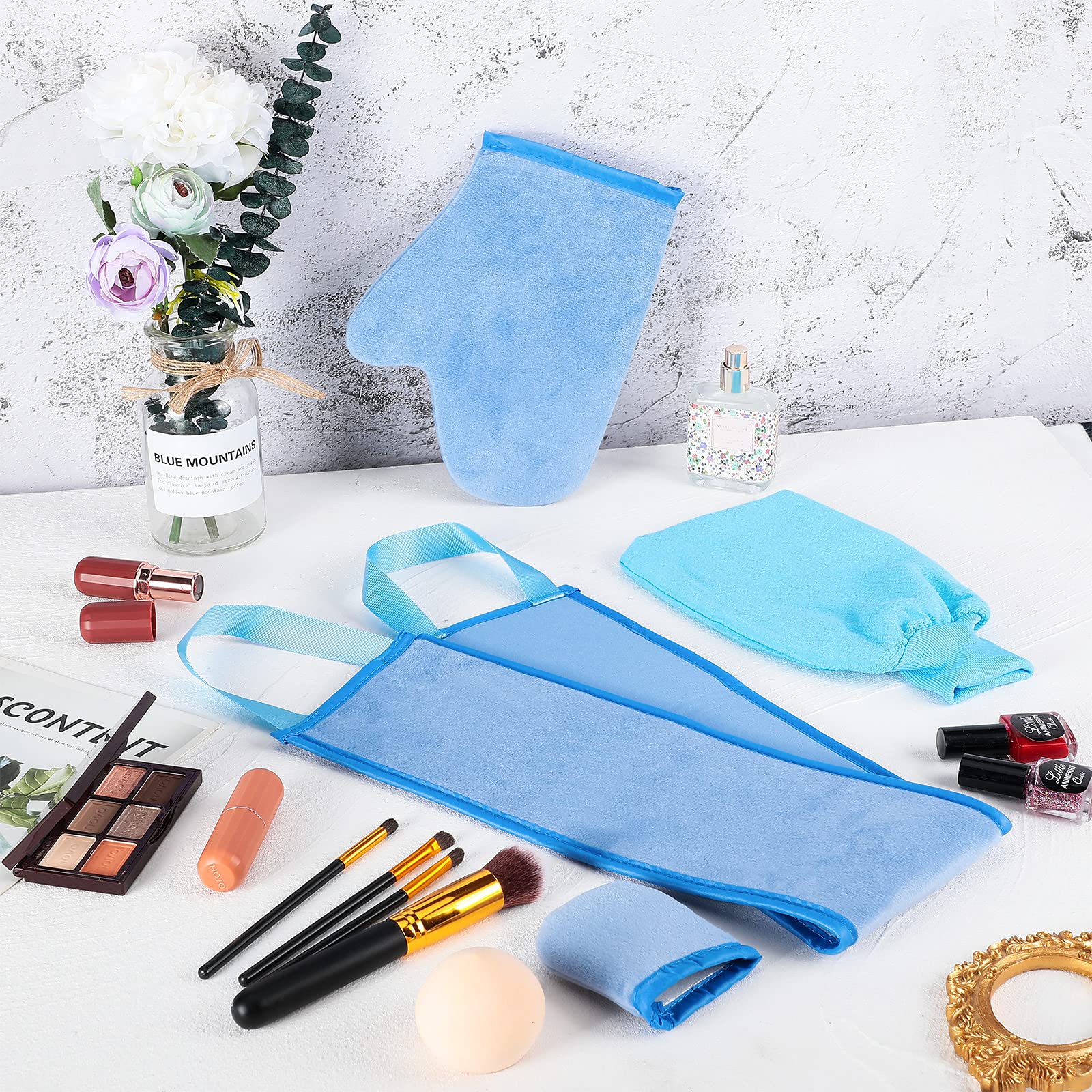Boao 5 Pieces Self Tanning Mitt Applicator Kit, Includes Tanning Mitt, Exfoliating Glove, Mini Face Glove, Back Lotion Applicator, and Large Brush Makeup(Blue)