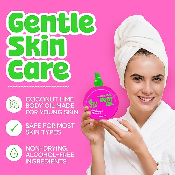 BeYoutiful Coconut Lime Body Oil for Kids & Teens, Hydrating Glow Oil, 8 oz