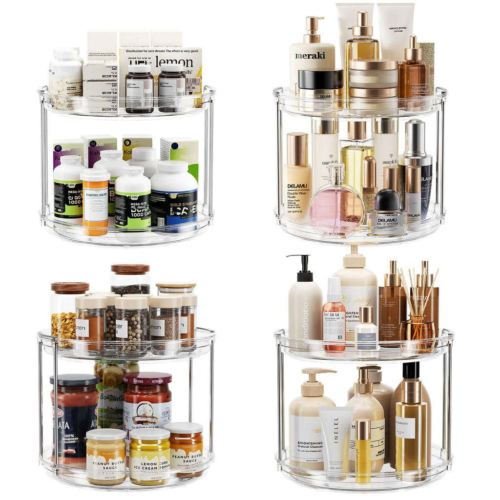 LAMU 4 Pack 2 Tier Lazy Susan Turntable Organizer 9.25'' Rotating Spice Rack Organization for Cabinet, Kitchen, Pantry, Countertop, Bathroom, Vanity, Medicine Cabinet Organizer, Clear