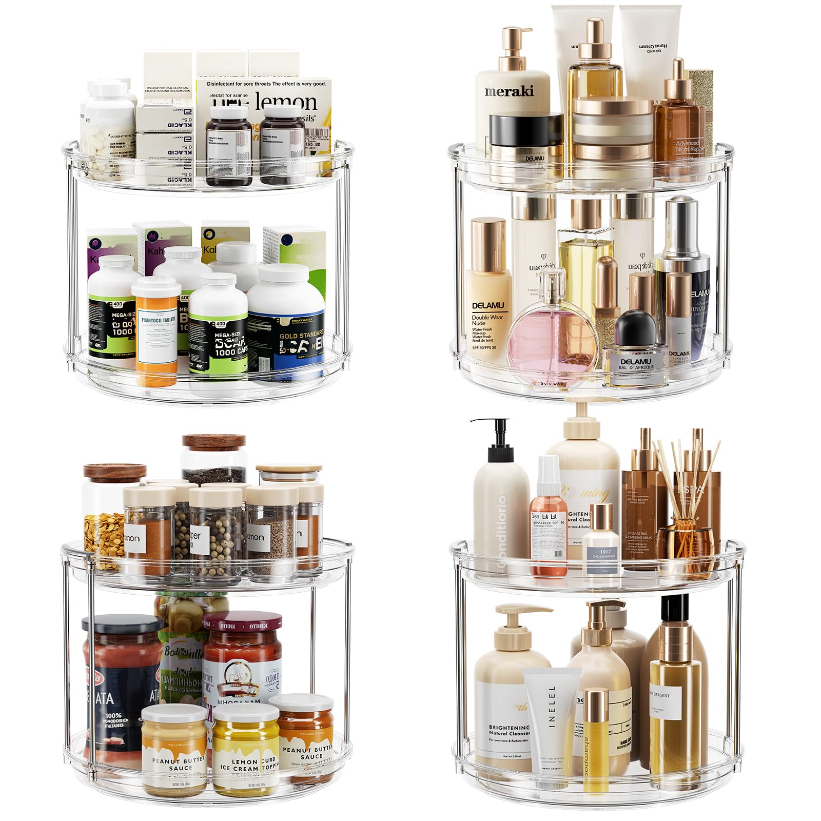 LAMU 4 Pack 2 Tier Lazy Susan Turntable Organizer 9.25'' Rotating Spice Rack Organization for Cabinet, Kitchen, Pantry, Countertop, Bathroom, Vanity, Medicine Cabinet Organizer, Clear