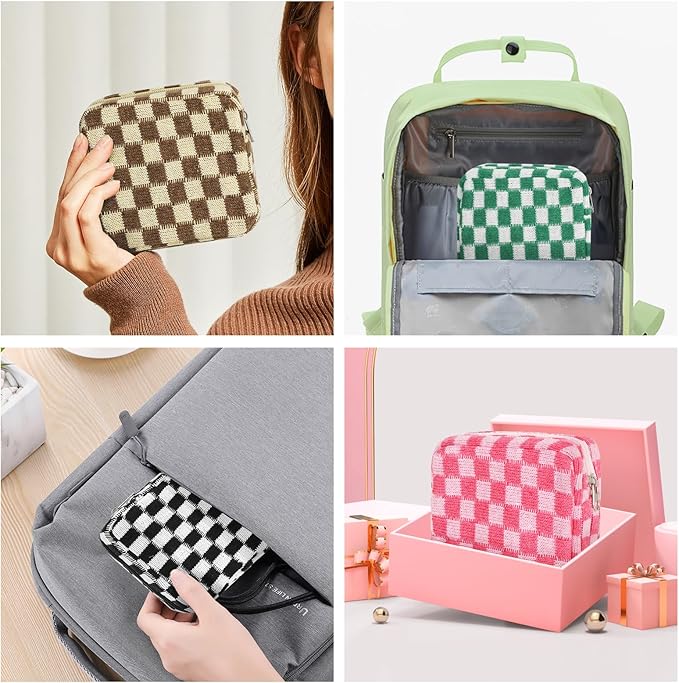 CekPo Sanitary Napkin Storage Bag, Menstrual Pad Zipper Bag Checkered Portable Period Bag Panty Liners, Tampon Storage Pouch for Women Ladies Daily Use Storage Purse Travel