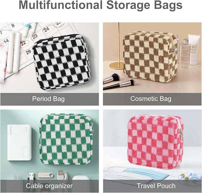 CekPo Sanitary Napkin Storage Bag, Menstrual Pad Zipper Checkered Portable Period Bag Panty Liners, Tampon Storage Pouch for Women Ladies Daily Use Storage Purse Travel