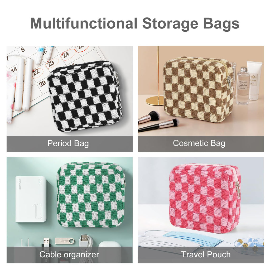 CekPo Sanitary Napkin Storage Bag, Menstrual Pad Zipper Checkered Portable Period Bag Panty Liners, Tampon Storage Pouch for Women Ladies Daily Use Storage Purse Travel