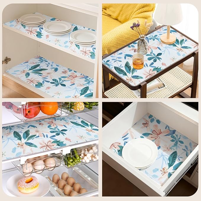 Shelf Liners for Kitchen Cabinets 17in x 30FT, Non Adhesive Drawer Liner Colored Flowers Thickened Shelf Liner Non-Slip Easy to Clean for Tool Box Refrigerator with Knife and Tape Measure