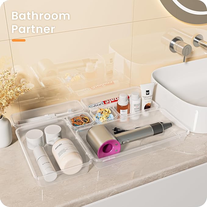 A-LuGei 【Military Grade】 Drawer Organizer,【𝟱𝗦𝗶𝘇𝗲】 Makeup organizer,【Holds 177 Items】 Bathroom Organizers and Storage,Organization and Storage,Desk Drawer Organizer for Vanity【Clear】