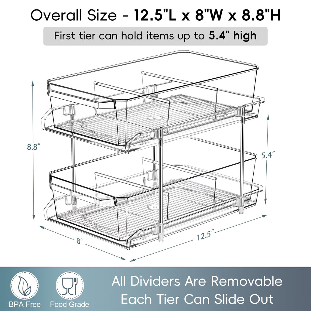 2 Tier Clear Organizer with Dividers for Cabinet, Shlef, Counter - MultiUse Slide-Out Storage Container - Kitchen, Pantry, Medicine Cupboard Bins, Bathroom, Vanity Makeup, Under Sink Organizing