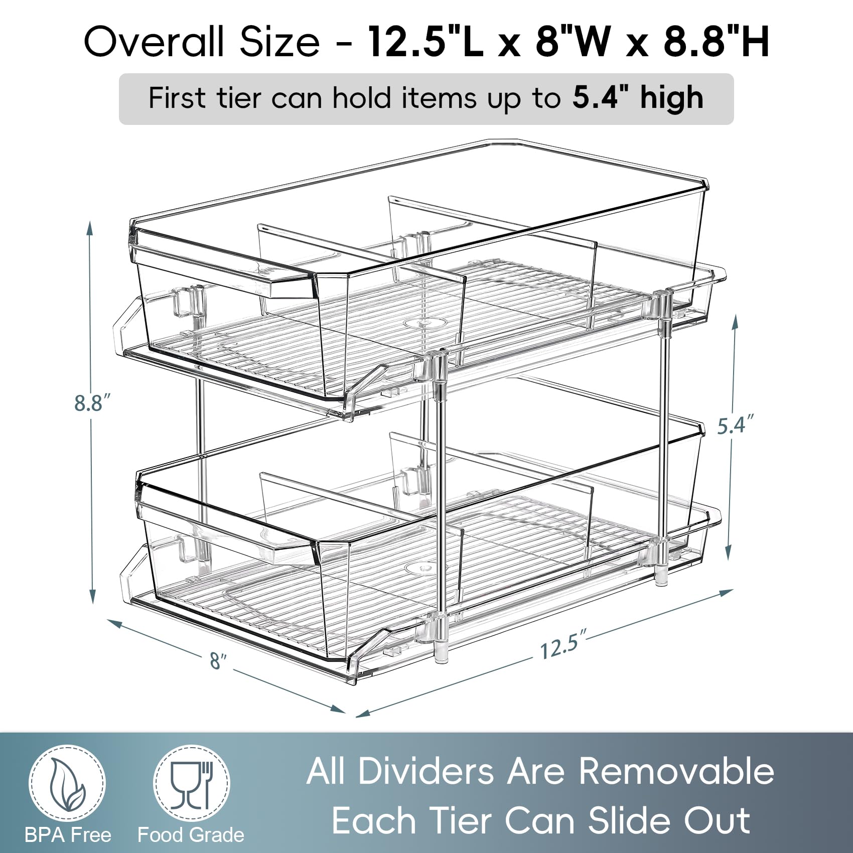 2 Tier Clear Organizer with Dividers for Cabinet, Shlef, Counter - MultiUse Slide-Out Storage Container - Kitchen, Pantry, Medicine Cupboard Bins, Bathroom, Vanity Makeup, Under Sink Organizing