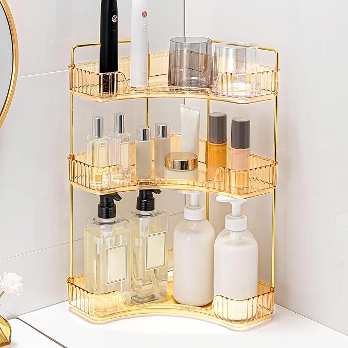 Weidace Corner Bathroom Counter Organizer Bathroom Countertop Shelf Makeup Organizer for Vanity Perfume Tray for Corner Storage (3 Tiers, Gold)