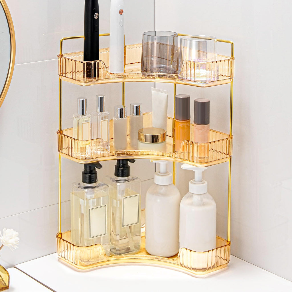 Weidace Corner Bathroom Counter Organizer Bathroom Countertop Shelf Makeup Organizer for Vanity Perfume Tray for Corner Storage (3 Tiers, Gold)