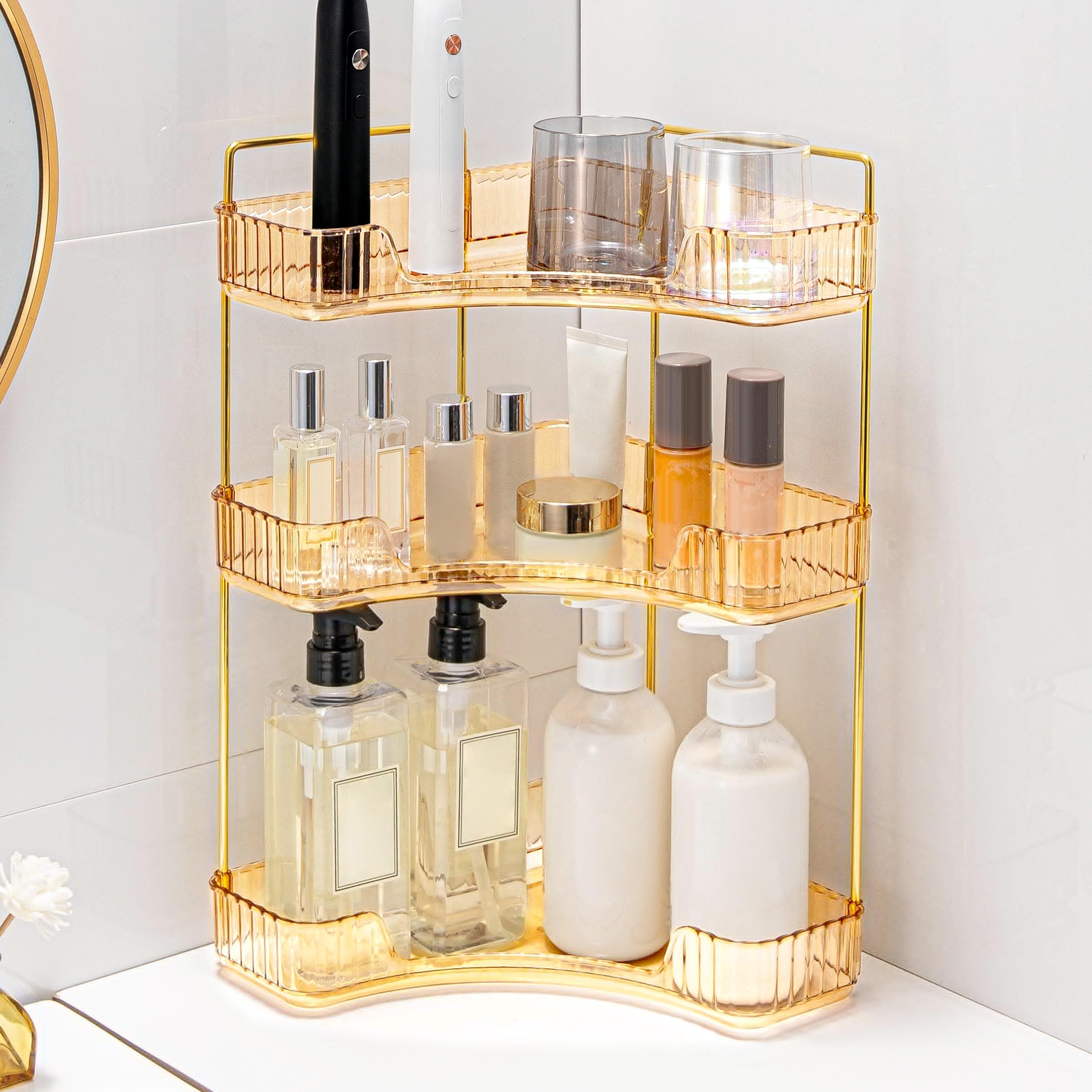 Weidace Corner Bathroom Counter Organizer Bathroom Countertop Shelf Makeup Organizer for Vanity Perfume Tray for Corner Storage (3 Tiers, Gold)