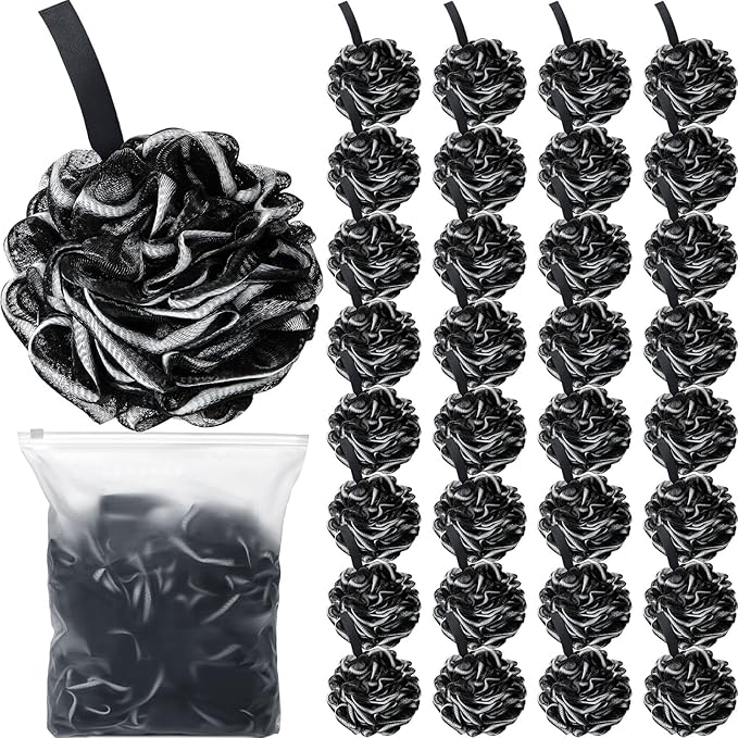 Shellwei 32 Pcs Bath Loofahs Sponge Shower Bulk 60 g for Men Black Large Charcoal Body Scrubber Mesh Shower Puff White Soft Exfoliating Pouf Balls for Women Bathing Accessories