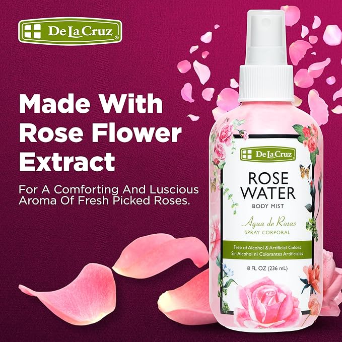De La Cruz Pure Rose Water Body Mist,Rosewater Spray for Face, Skin & Hair, Rose Toner & Rose Water for Hair Alcohol Free, Paraben Free 8 fl oz (3 Bottles)