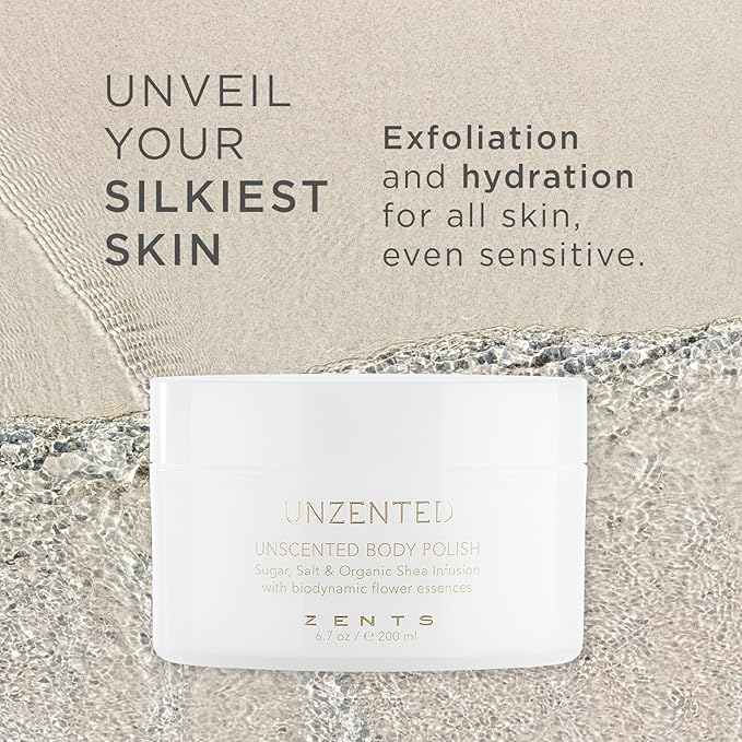 ZENTS Body Polish, Exfoliating Salt & Sugar Body Scrub with Organic Shea Butter, Unzented Fragrance Free for Sensitive Skin, 6.7 oz