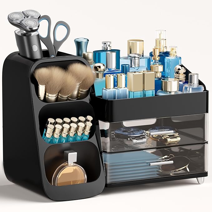 HBlife Makeup Organizer with Brush Holder for Vanity, Large Plastic Bathroom Countertop Organizer Skin Care Storage, Easy to Store Nail Polishes, Perfumes, Eyeshadow Palettes