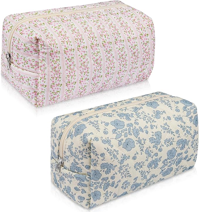 Gosect 2 Pack Floral Makeup Bag, Cute Cosmetic Bag for Women Girls, Quilted Cotton Make up Pouch, Travel Makeup Bags, Portable Storage Toiletry Organizer Bag(Pink+Blue Floral)
