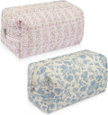 Gosect 2 Pack Floral Makeup Bag, Cute Cosmetic Bag for Women Girls, Quilted Cotton Make up Pouch, Travel Makeup Bags, Portable Storage Toiletry Organizer Bag(Pink+Blue Floral)
