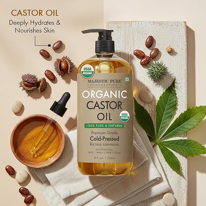 Majestic Pure Oil - 100% Pure and Natural- Cold Pressed & Hexane Free Natural Hair Growth Oil for Eyelashes, Eyebrows, Skin, Body, Face, Nails & Scalp - USDA Organic Castor Oil 8 Fl Oz