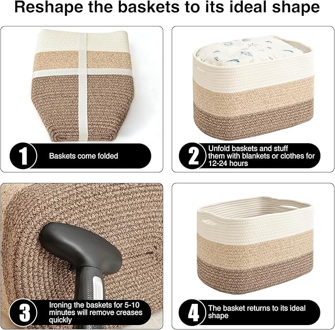 ICERZCZ Storage Baskets for Organizing & Shelves, Woven Cotton Rope Organization Bins for Dog Toys, Clothes, Books, Nursery Organizer, 15"Lx11"Wx9.5"H, (4 Packs) Gradient Brown