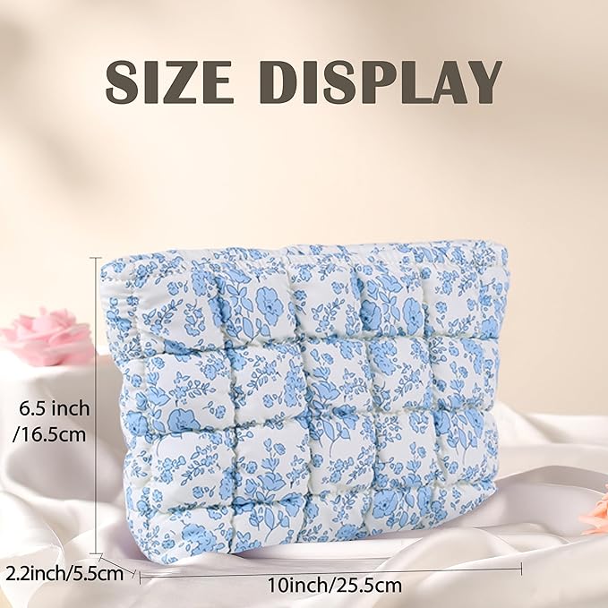 HFLZBRO Puffy Quilted Makeup Bag, Cosmetic Bag, Travel Toiletry Organizer Pouch, Clutch for Women (Blue Floral)