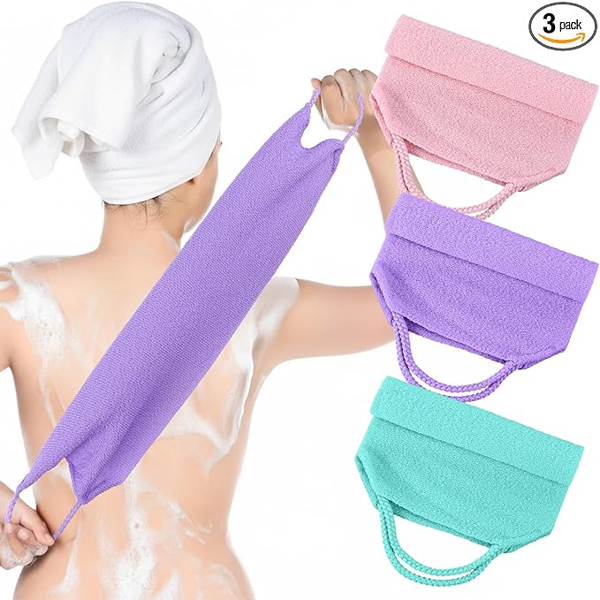Exfoliating Shower Towel, 3 Pcs Double-Sided Back Exfoliator Body Scrub Towel, Nylon Scrubber with Handles, Stretchable Back Washer for Shower for Women Men(Green, Pink, Purple)