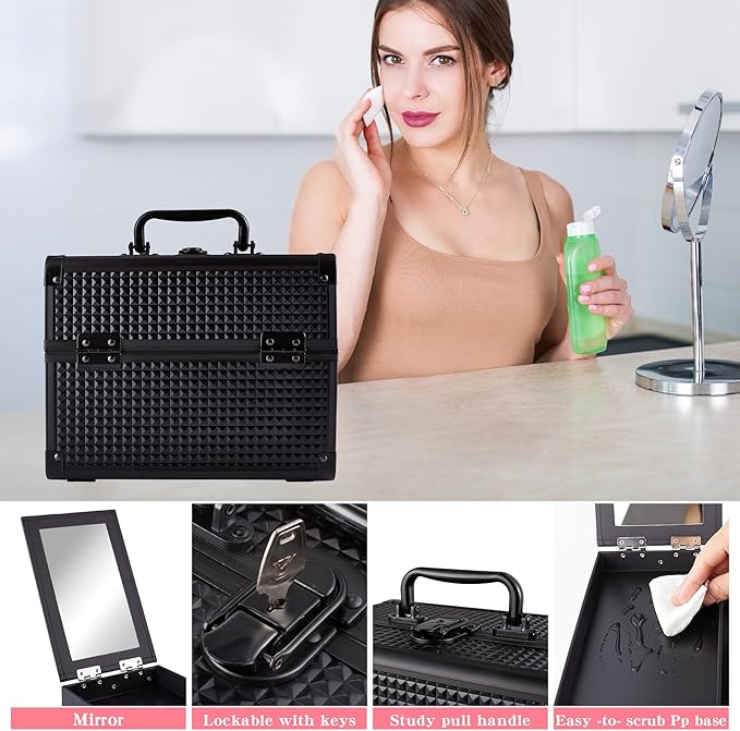 GALHUBIS Makeup Train Case, Portable Makeup Case with Mirror, 2-Trays Cosmetic Organizer Case,Nail Polish Organizer, Travel Makeup Box, Profesional for Salon Barber, Black