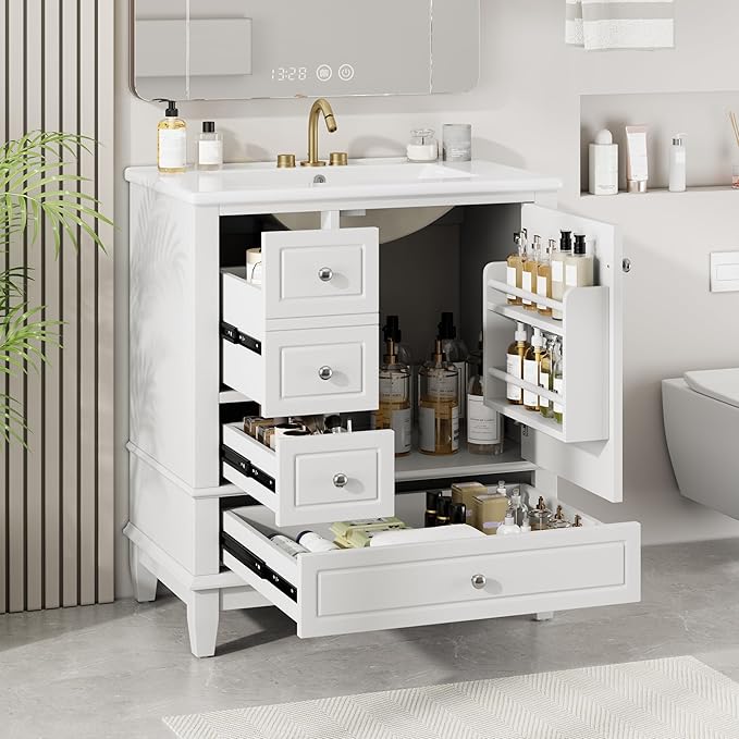 30" Bathroom Vanity with Sink, Harper & Bright Designs Free Standing Single Vanity Set with 3 Drawers and One Door with Storage Racks, Solid Wood Storage Cabinet with Ceramic Basin for Bathroom, White