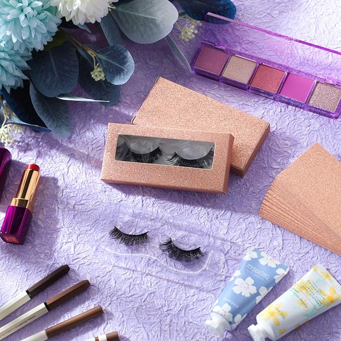 Maitys 50 Sets Empty Lash Case Set, Include Empty Eyelash Box Packaging Storage Box, Eyelash Boxes Tray False Storage, Internal Background Paper(Champagne Gold)