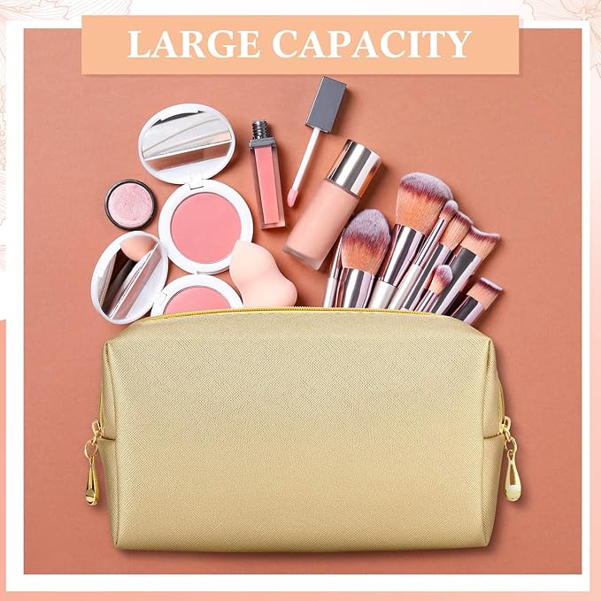 Kigeli Aesthetic Makeup Bags PU Leather Cosmetic Pouches Waterproof Plain Toiletry Bags Makeup Pouches Bulk for Women Party Gift Travel Storage Organizer(Champaign Gold,7.1 x 2.8 x 4.3 in)