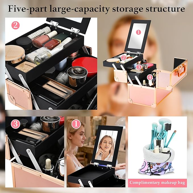 GALHUBIS Makeup Train Case, Portable Makeup Case with Mirror, 2-Trays Cosmetic Organizer Case,Nail Polish Organizer, Travel Makeup Box, Profesional for Salon Barber, Rose Gold