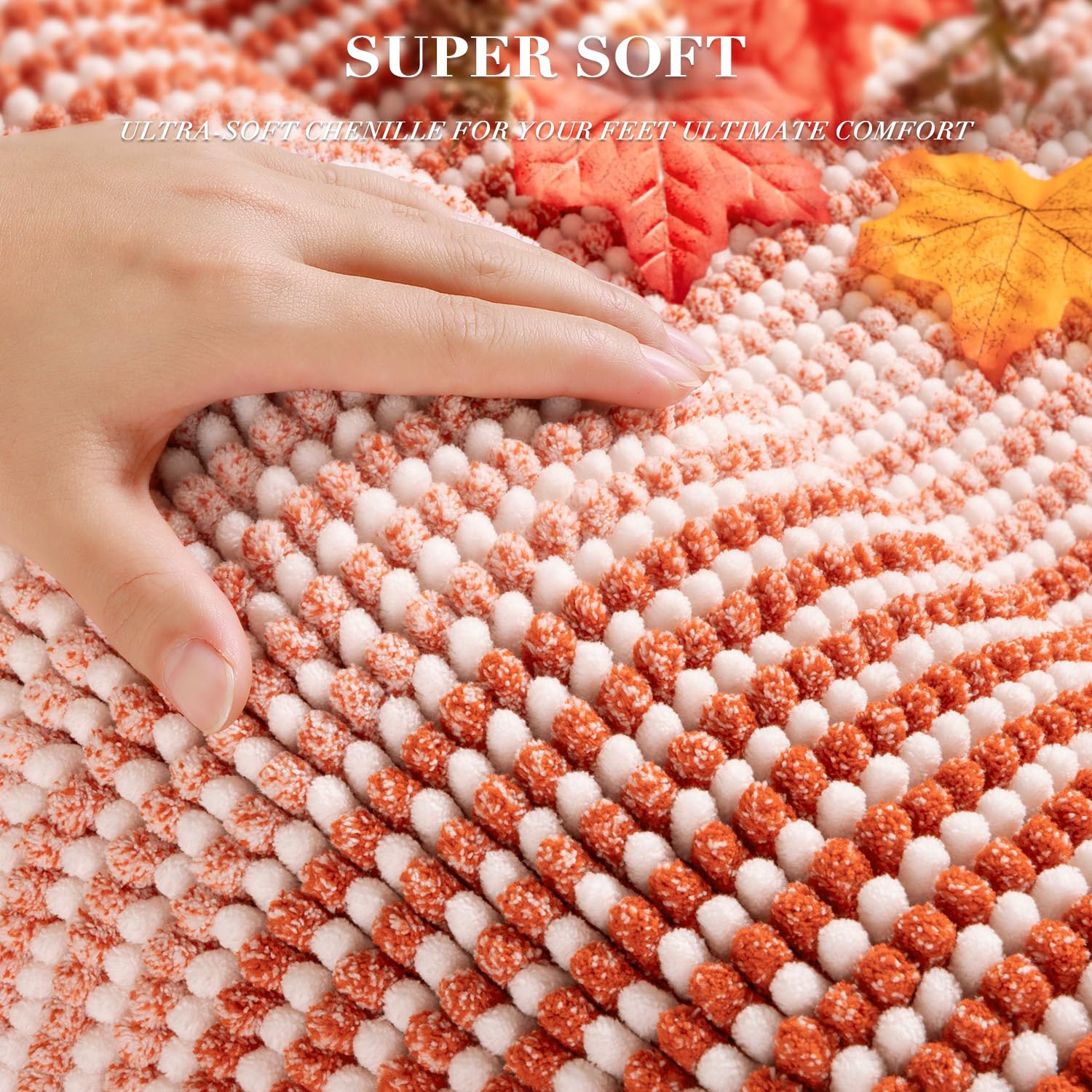 Bathroom Rugs and Mats Sets, 2 Piece Thick Absorbent Chenille Bath Mat Rug Set Non Slip, Soft Shaggy Bath Room Floor Mats for Bathroom, Machine Washable (Sunset Orange, 20" x 47" Plus 16" x 24")