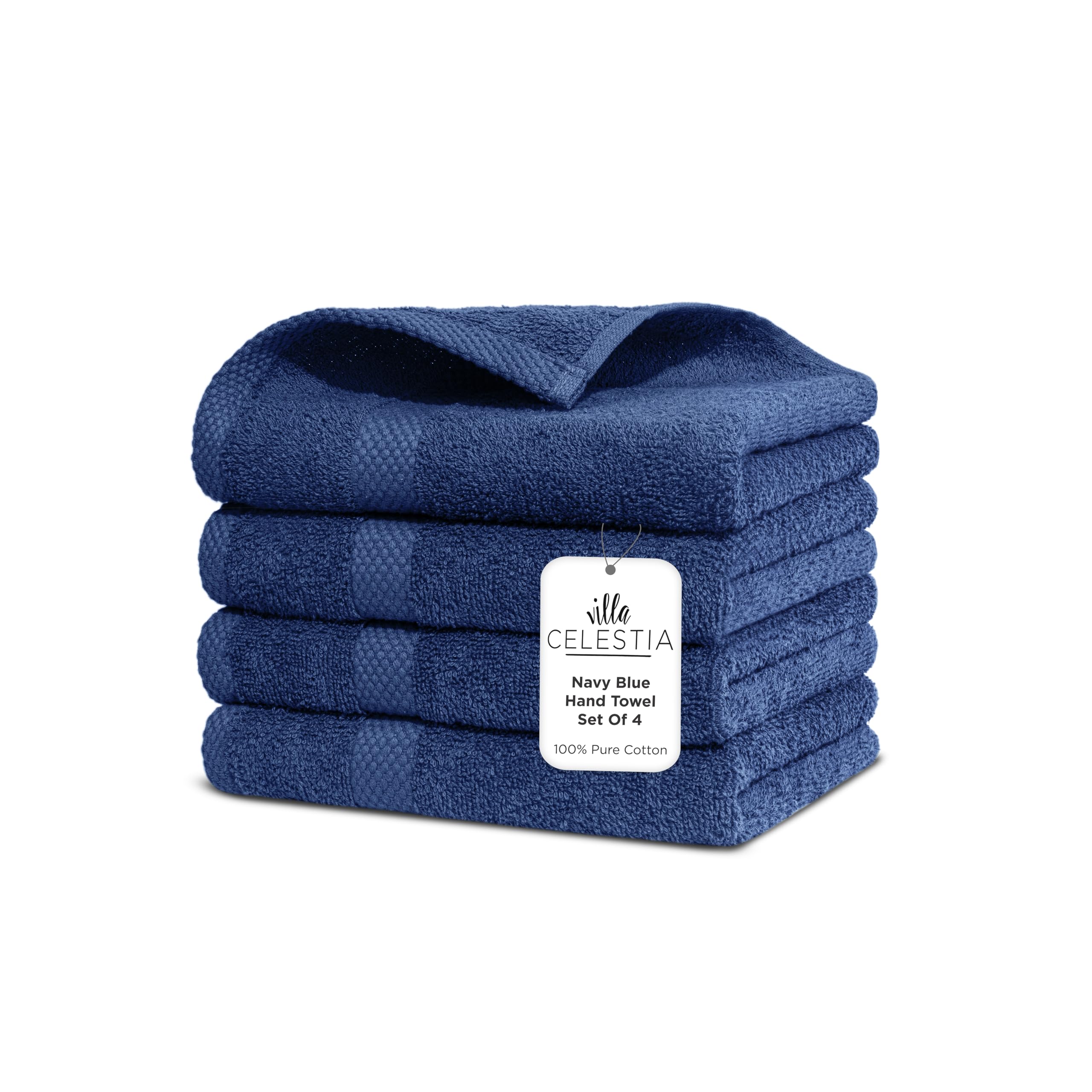 Villa Celestia Cotton Hand Towels Set of 4, 16 x 28, Oeko-TEX Certified, Quick Dry, Navy Blue