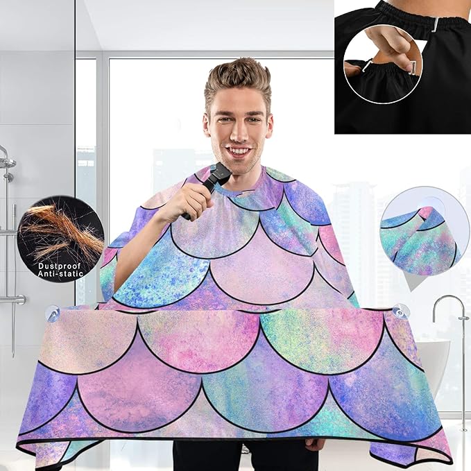 Visesunny Barber Cape - Magic Mermaid Scale Polyester Hair Cutting Salon Apron, Anti-Static, Water-Resistant Haircut and Shaving Cloth, Beard Shaving Bib, Hairdressing Cape