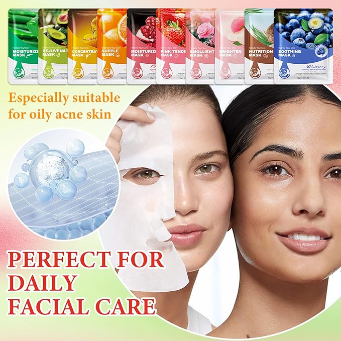 10 Pack Variety Facial Sheet Masks Skin Care Set, Hydrating Bulk Sheet Face Masks Skincare Gifts Set for Women Men, Long Lasting Moisturizing Face Mask Skincare for All Skin Type（C
