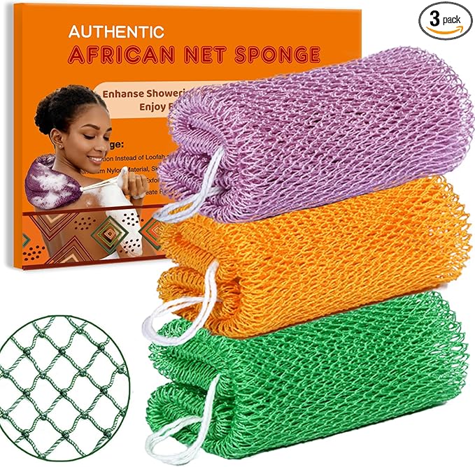 African Net Sponge Authentic, 3 Pieces African Exfoliating Net Sponge Body Back Scrubber Exfoliating Washcloth for Shower Bath for All Types Skin (Green+Gold+Light Purple, 3 Pcs)