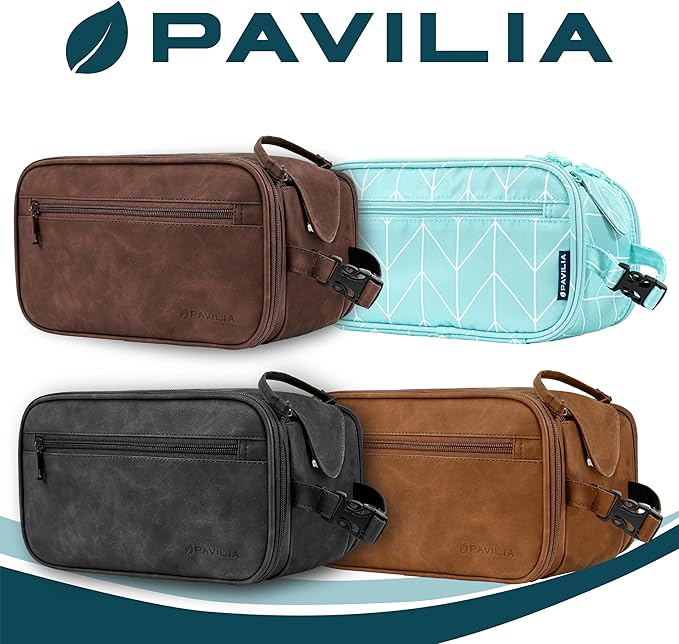PAVILIA Toiletry Bag for Men, Hanging Travel Dopp Kit Organizer, PU Leather Water Resistant Bathroom Bag for Shaving Grooming, Large Capacity Cosmetic Bag Travel Essentials, Dark Brown