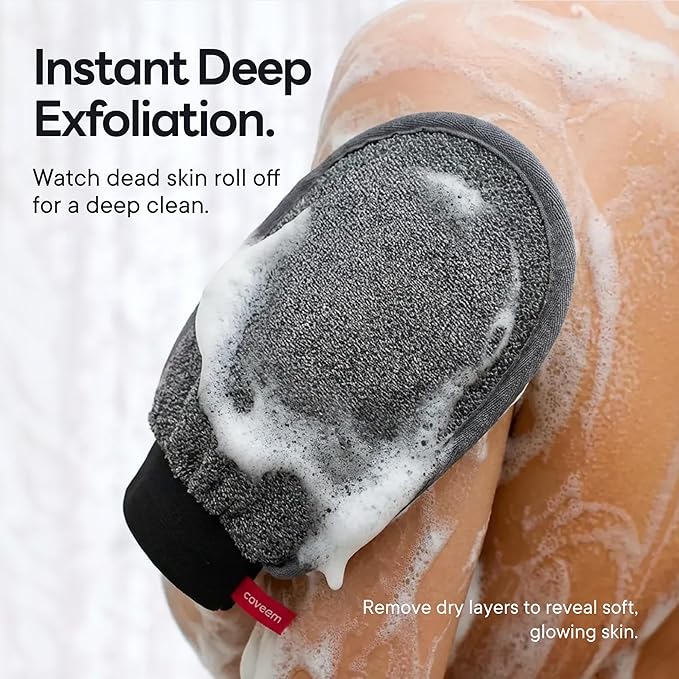 Caveem Exfoliating Mitt, Body Scrubber for Deep Exfoliation, Korean Scrub Mitt, Turkish Body Exfoliator for Remove Dead Skin, Gentle Lightweight Loofah Bath Glove for Shower (2 Pack)
