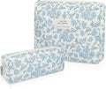 Gosect 2PC Makeup Bag Set, Cute Cosmetic Bag for Women Girls, Floral Coquette Aesthetic Toiletry Bag, Travel Make Up Organizer Bag (Blue Floral)
