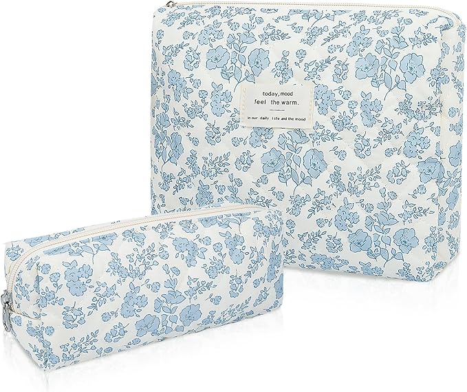 Gosect 2PC Makeup Bag Set, Cute Cosmetic Bag for Women Girls, Floral Coquette Aesthetic Toiletry Bag, Travel Make Up Organizer Bag (Blue Floral)