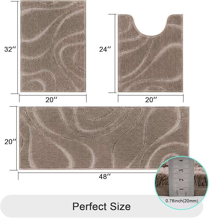 HEBE Bathroom Rug Sets 3 Piece, Non Slip Shower Mats with U-Shaped Contour Toilet Mat, Absorbent Microfiber Bath Mats for Bath Rugs, Washable Shaggy Floor Carpet, Coffee