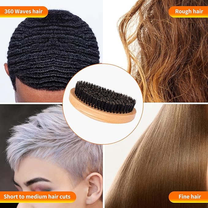 Aosina Soft 360 Wave Brush for Men, 100% Pure Boar Bristle Hair Brush for Men, Beech Wood Curved Palm Brush for Fresh Cuts, Beginners, Short Hair Waves & Beard Grooming
