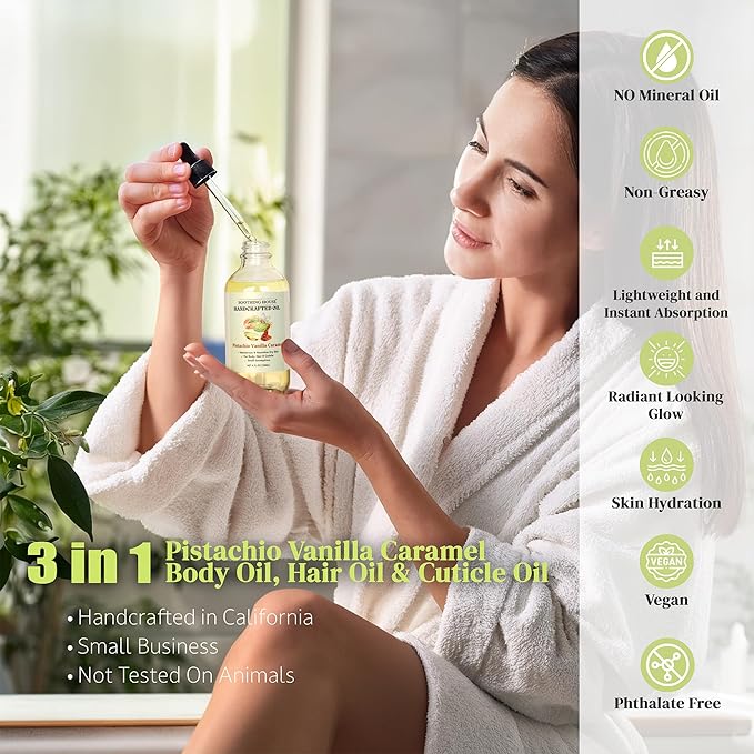 Soothing House Pistachio Vanilla Caramel Body Oil - Nourishing Body Moisturizer for Soft, Glowing Skin with Jojoba & Almond Oil (4 fl oz)